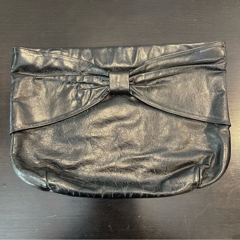 Vintage Black Leather Evening Clutch with Bow